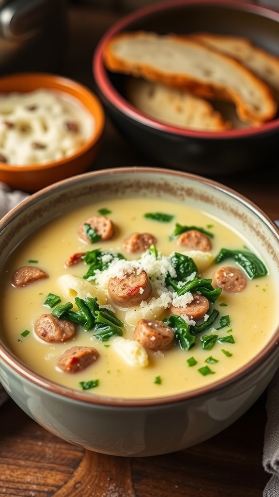 A bowl of creamy cauliflower zuppa toscana with sausage and kale, garnished with Parmesan cheese, alongside a slice of rustic bread.